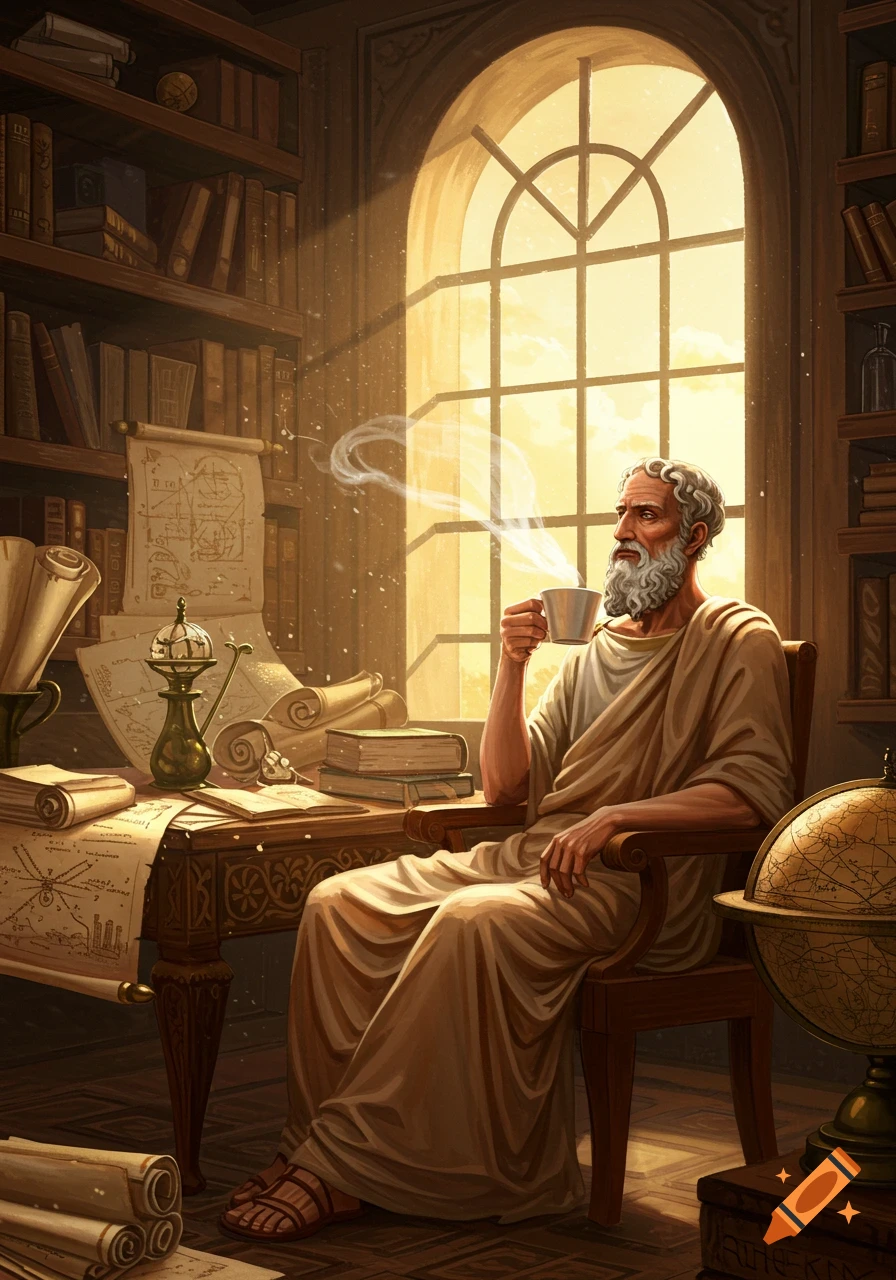 An ancient Greek philosopher in a toga sits at a wooden desk in a sunlit library, holding a steaming coffee mug.