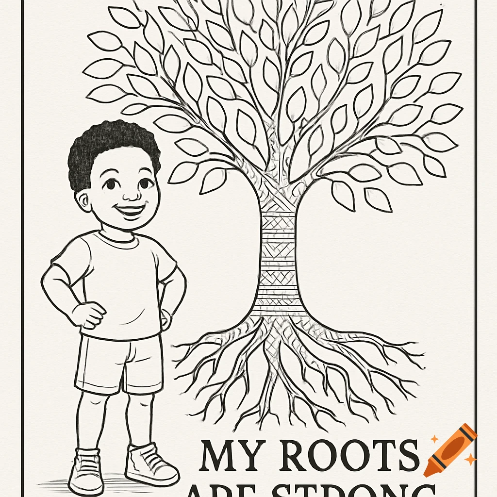 Black and white coloring page of a smiling Black boy standing next to a stylized tree with roots and leaves, with the text 'MY ROOTS ARE STRONG'.