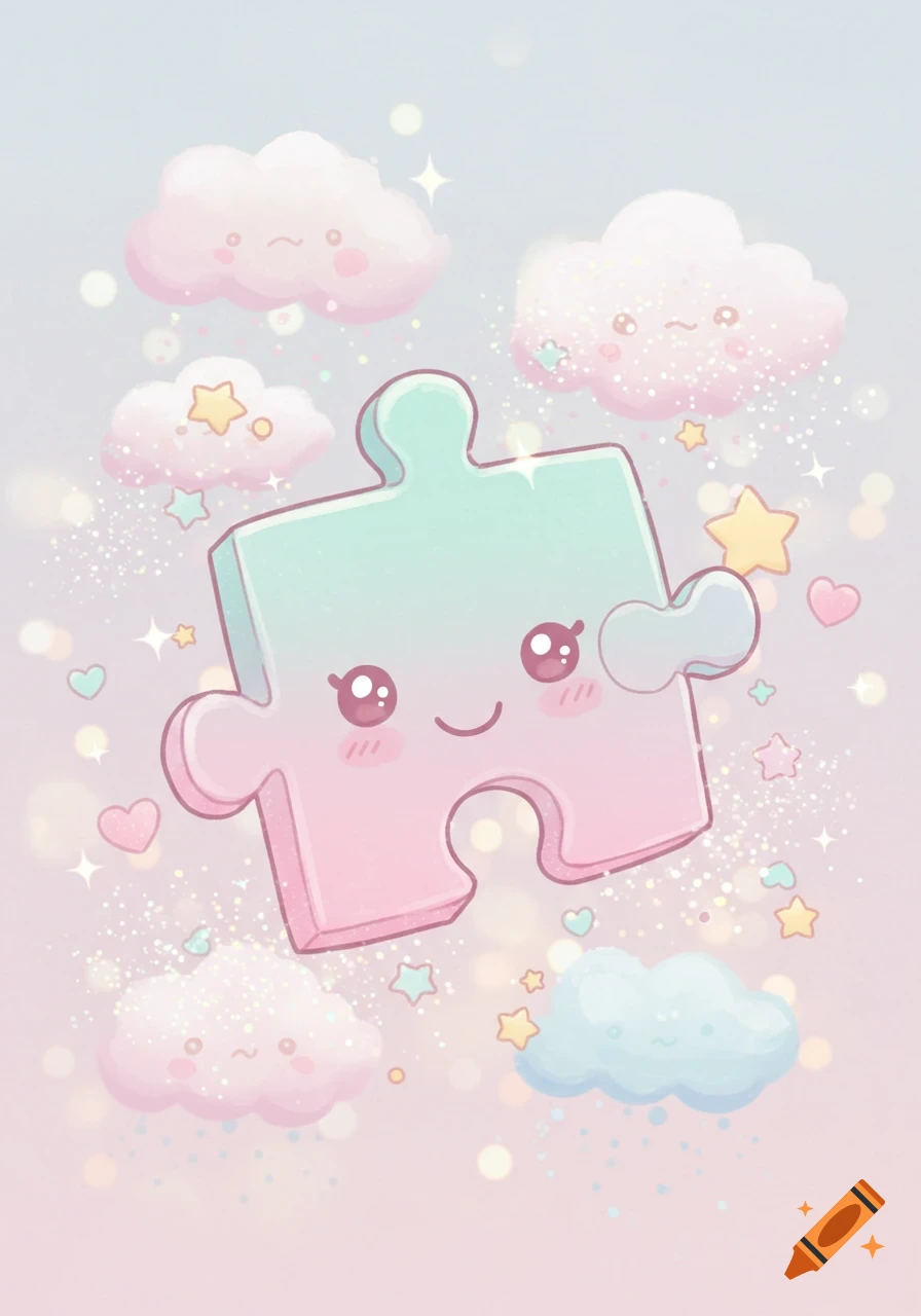 A cute, pastel-colored puzzle piece with a happy face floats among sparkly clouds, stars, and hearts in a dreamy background.
