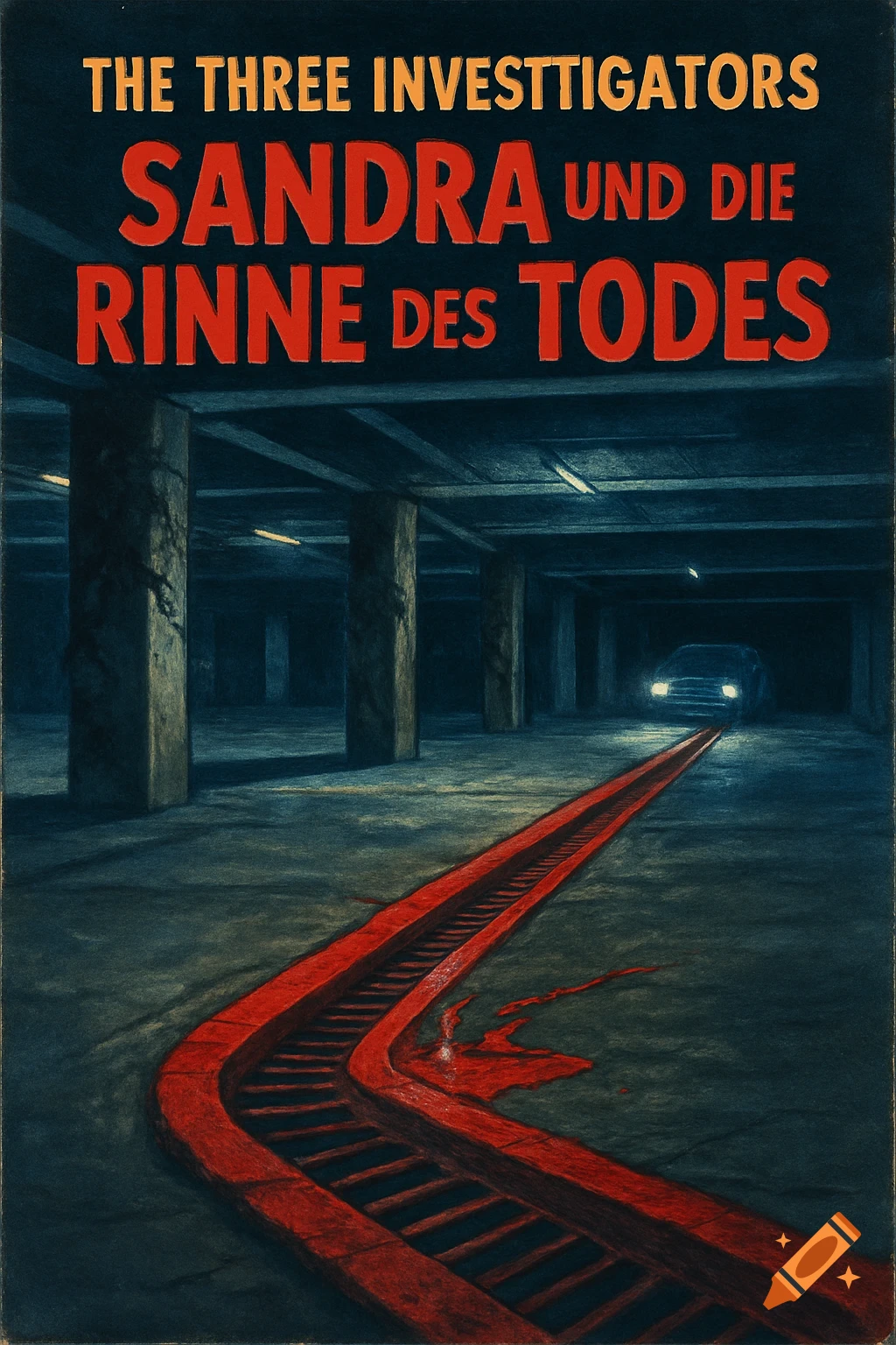 A book cover for 'Sandra und die Rinne des Todes' (Sandra and the Gully of Death) features a dark, stylized underground parking garage with a car and a red, blood-like channel on the floor.