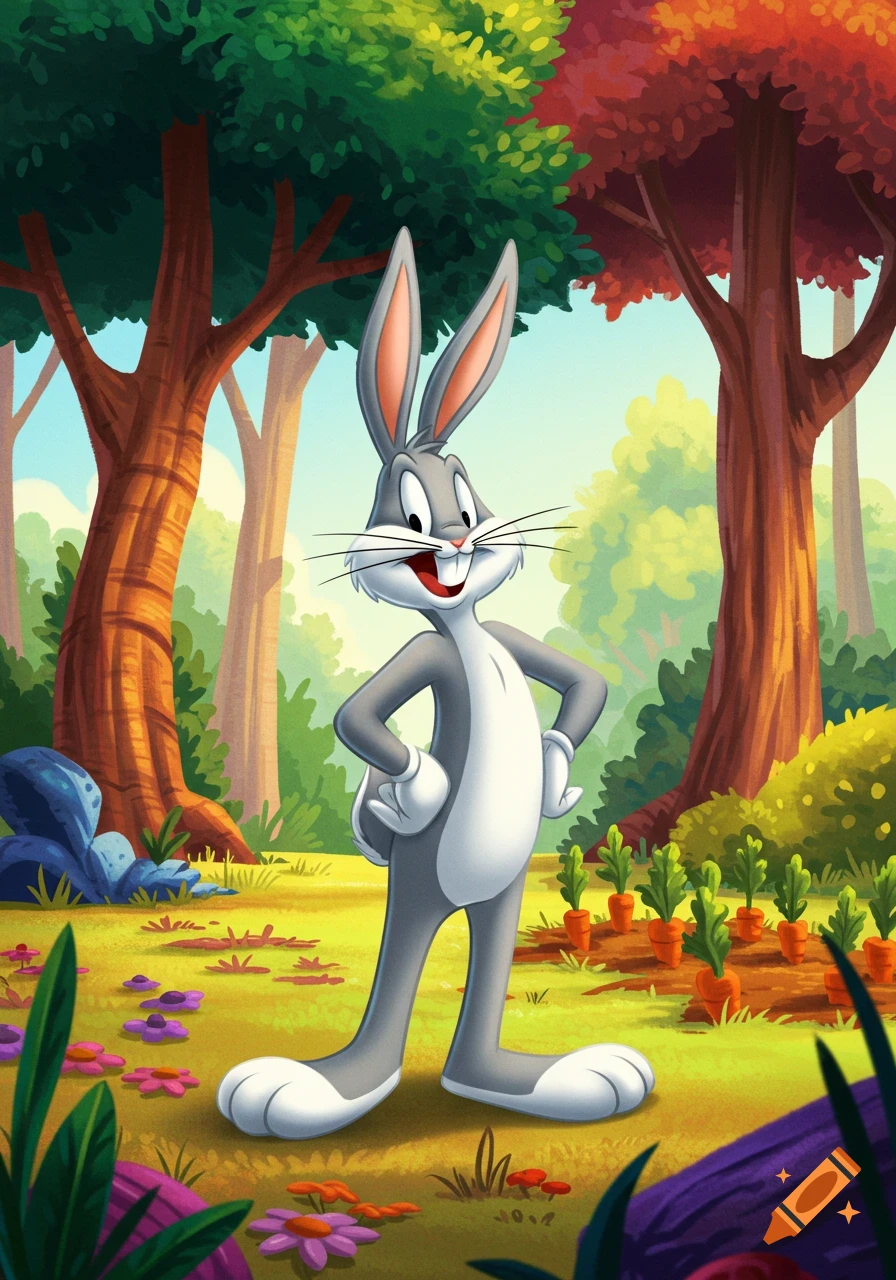 Bugs Bunny stands smiling with hands on hips in a vibrant cartoon forest with carrots growing nearby.