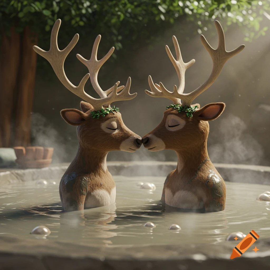 Two anthropomorphic 3D animated reindeer with antlers and wreaths kiss in a steaming mud hot tub.