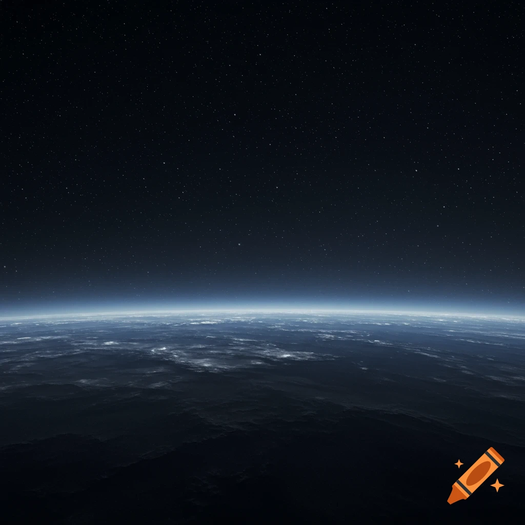 Earth's curved horizon viewed from space with a blue atmospheric glow and countless stars in the dark night sky.