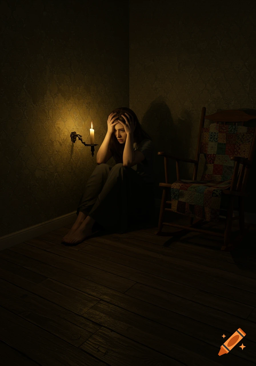 A distressed woman sits in a dark room's corner, holding her head, lit by a wall candle next to a rocking chair.
