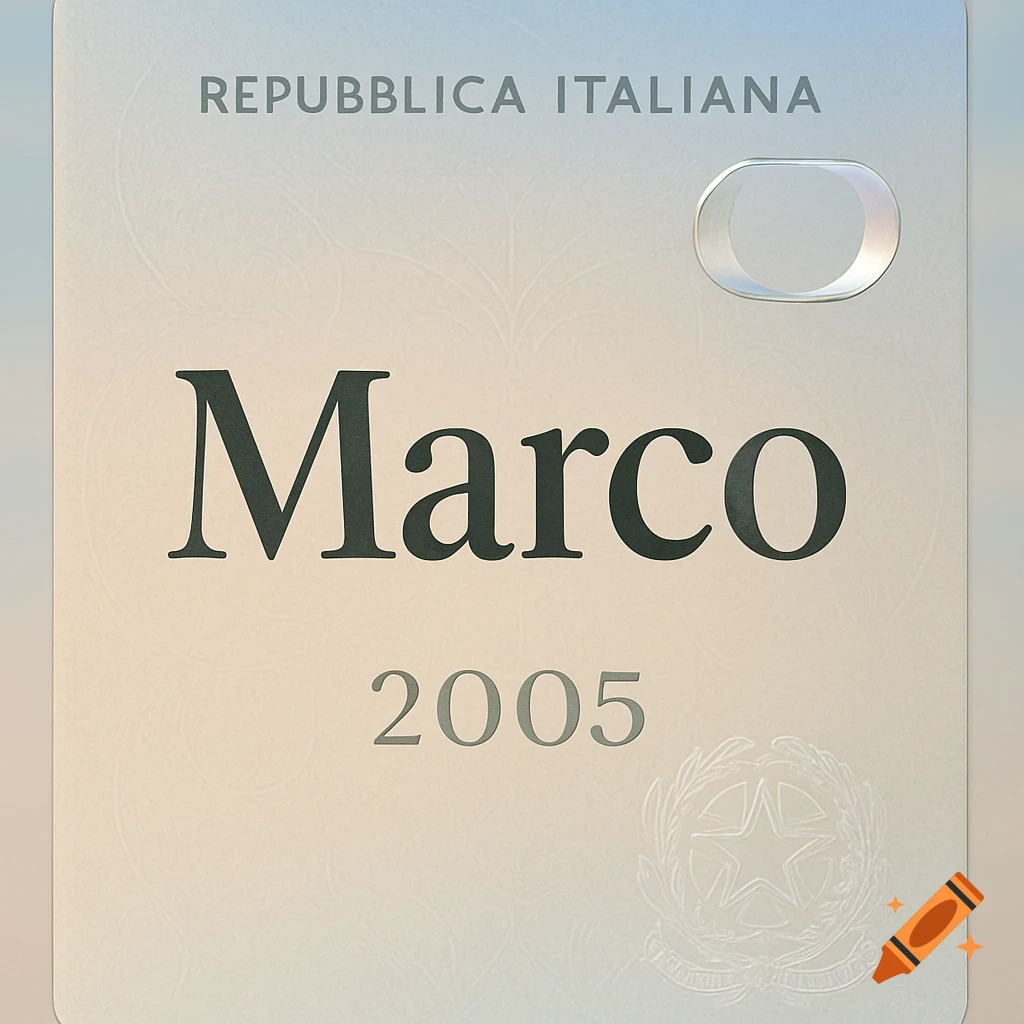 An Italian identity card featuring the name Marco, the year 2005, and 'REPUBBLICA ITALIANA' at the top.