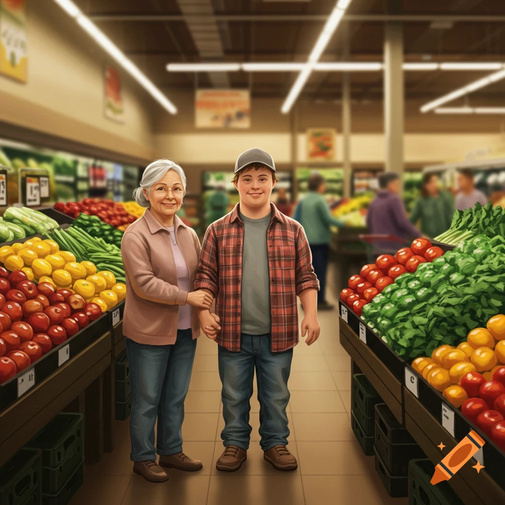 An elderly woman and a young man with Down syndrome hold hands in a grocery store produce aisle, rendered in an illustrative style.