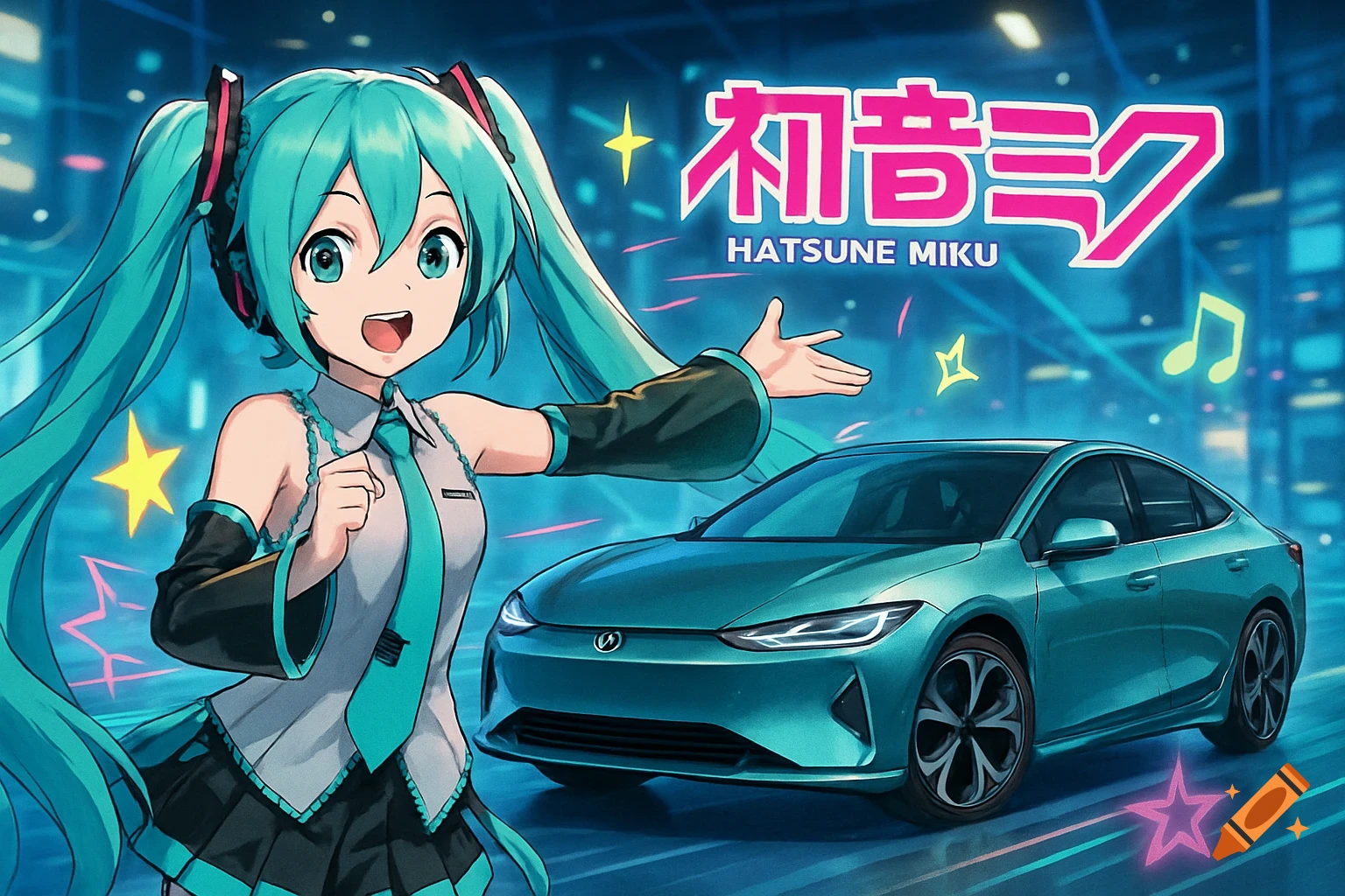 Hatsune Miku cartoon character poses next to a teal car with Japanese text and her name, 'HATSUNE MIKU', above them, in a commercial setting.