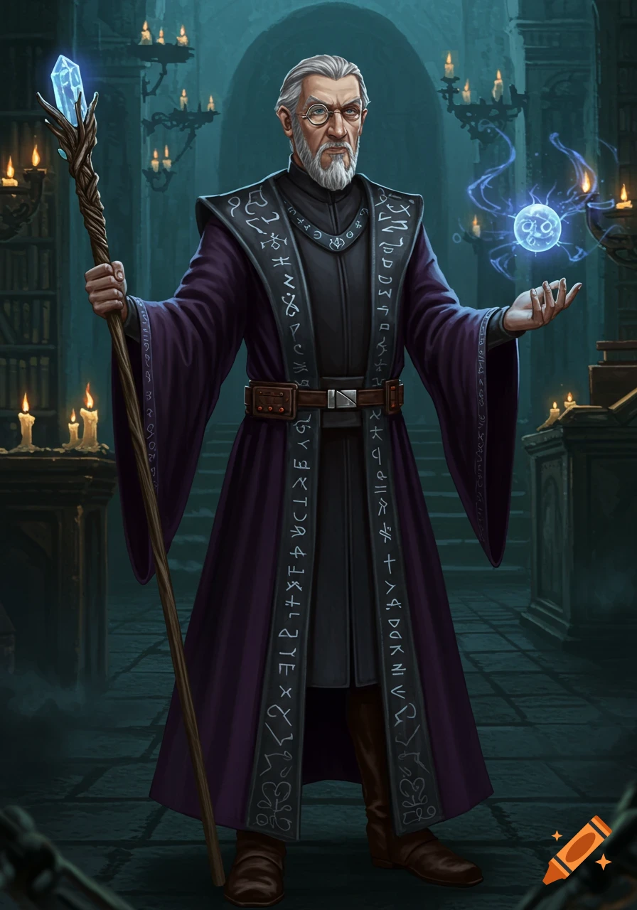 An old, grey-bearded wizard in a purple robe holds a glowing crystal staff and a magical orb in a dimly lit library.