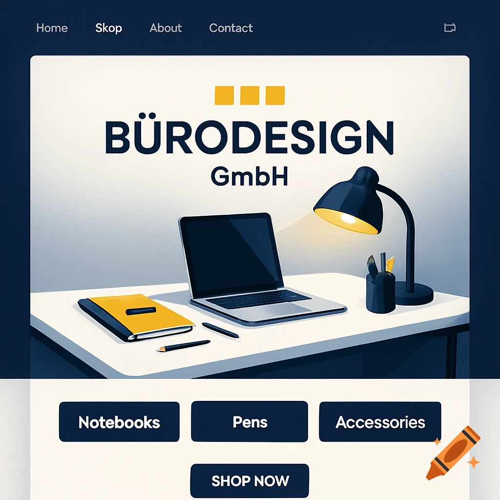 An illustrated website mockup for "BÜRODESIGN GmbH" featuring a laptop, desk lamp, and notebook on a white desk, with navigation and shop buttons.