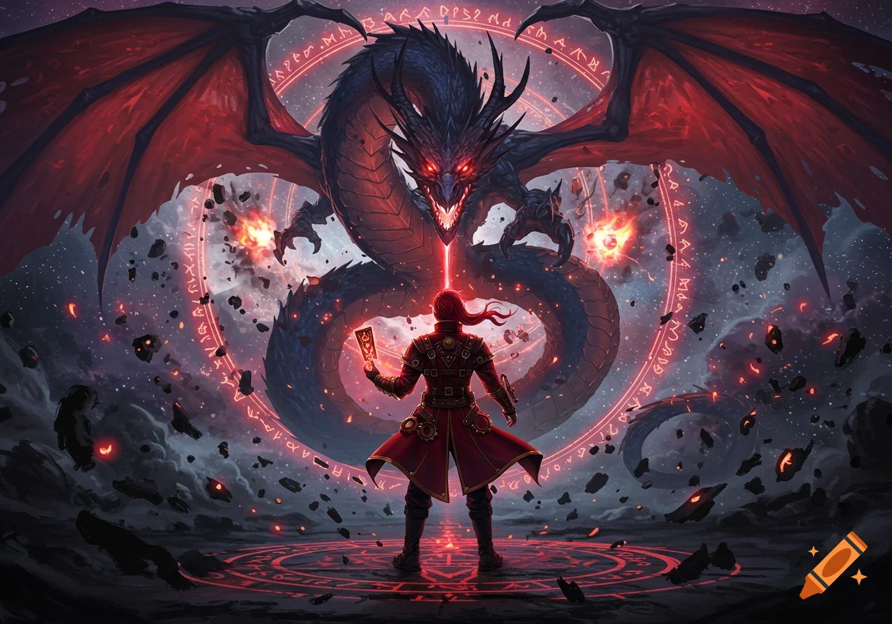 A red-haired warrior in a steampunk outfit faces a colossal dragon, both surrounded by glowing runes and cosmic debris in a dramatic fantasy scene.