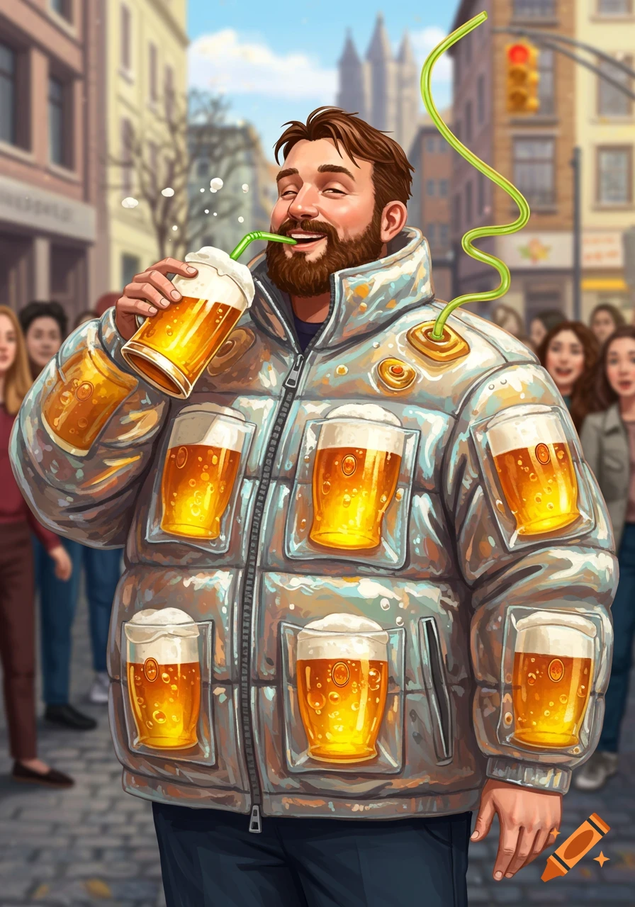 A man happily drinks beer from a straw connected to his puffy silver jacket, which is filled with glasses of beer, on a city street.