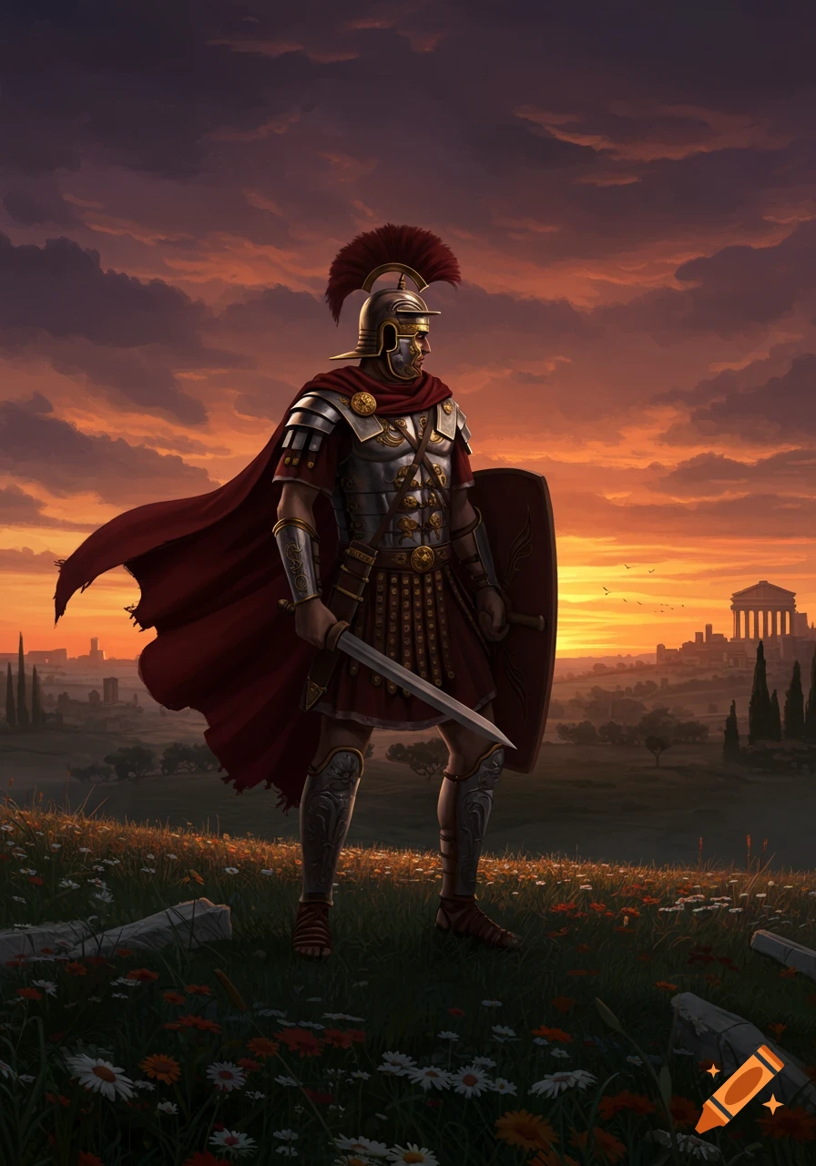 A Roman soldier in full armor stands on a grassy hill with wildflowers, holding a sword and shield, overlooking an ancient city at sunset.