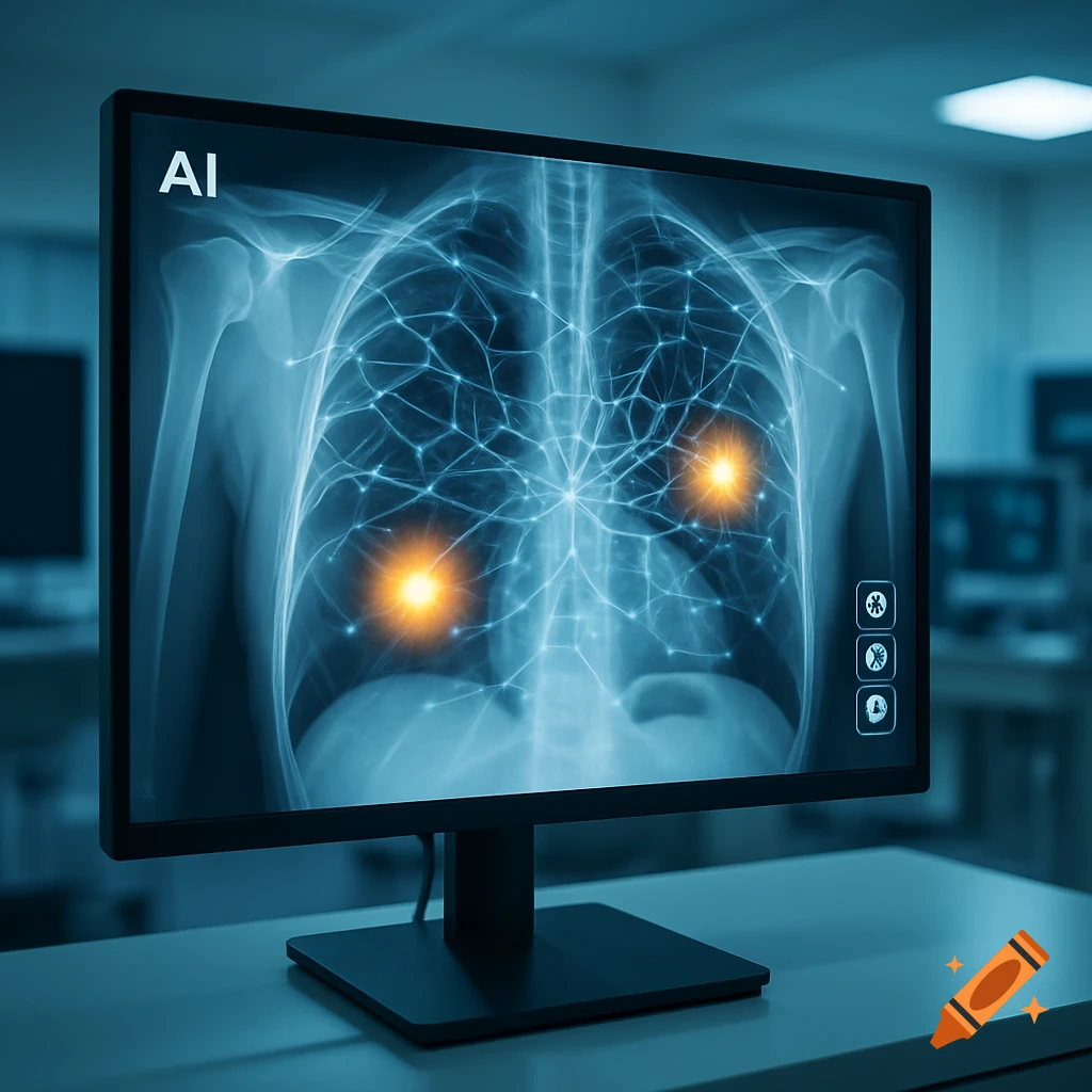 A monitor displaying an AI-analyzed X-ray of lungs with highlighted nodules and a neural network overlay in a hospital.