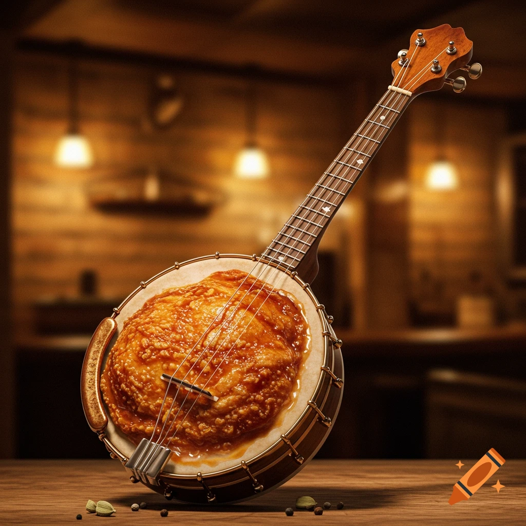 A realistic banjo with a fried chicken cutlet in place of its drum, resting on a wooden table.