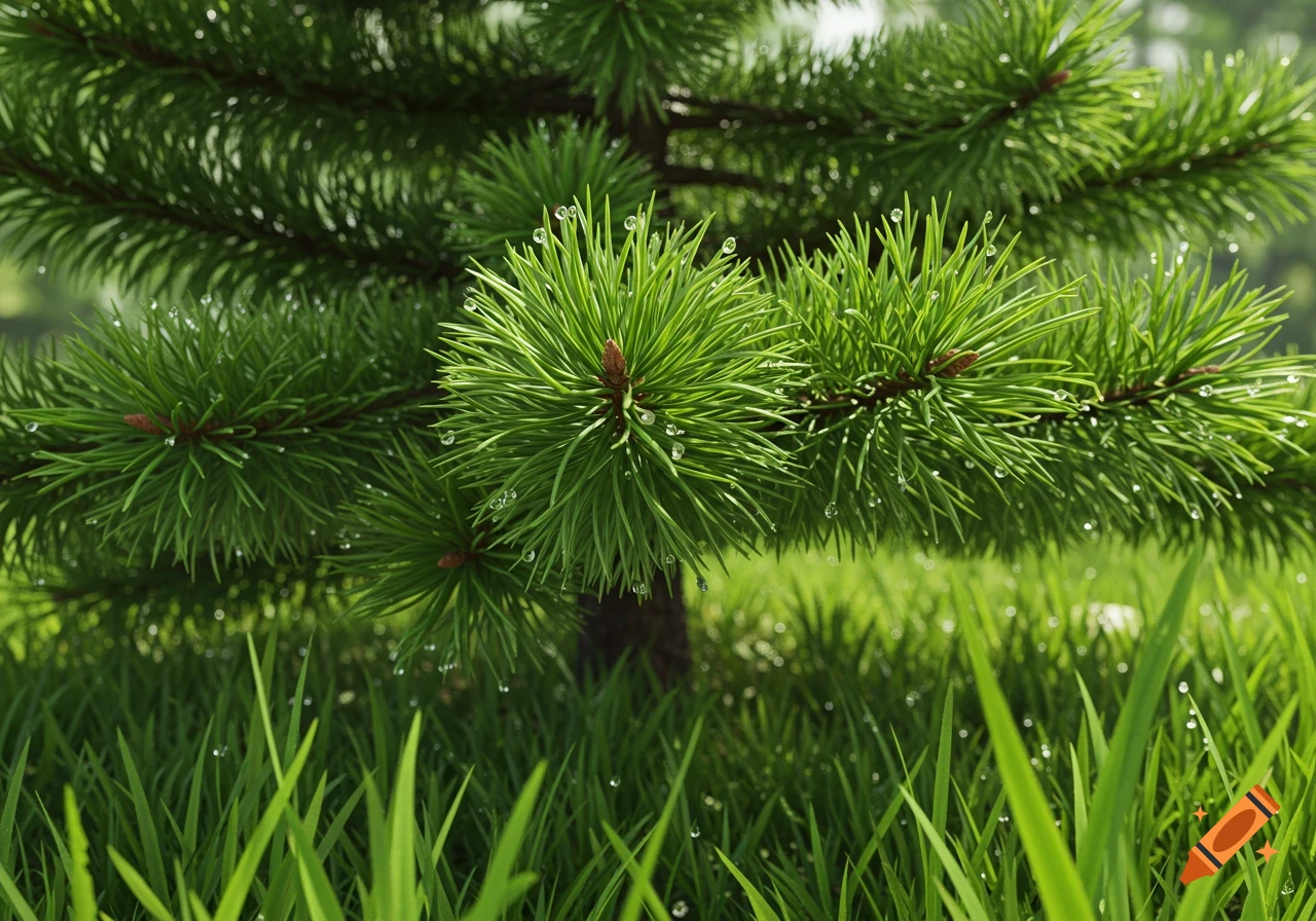 Close-up of vibrant green pine needles and grass covered in glistening water droplets, photorealistic.