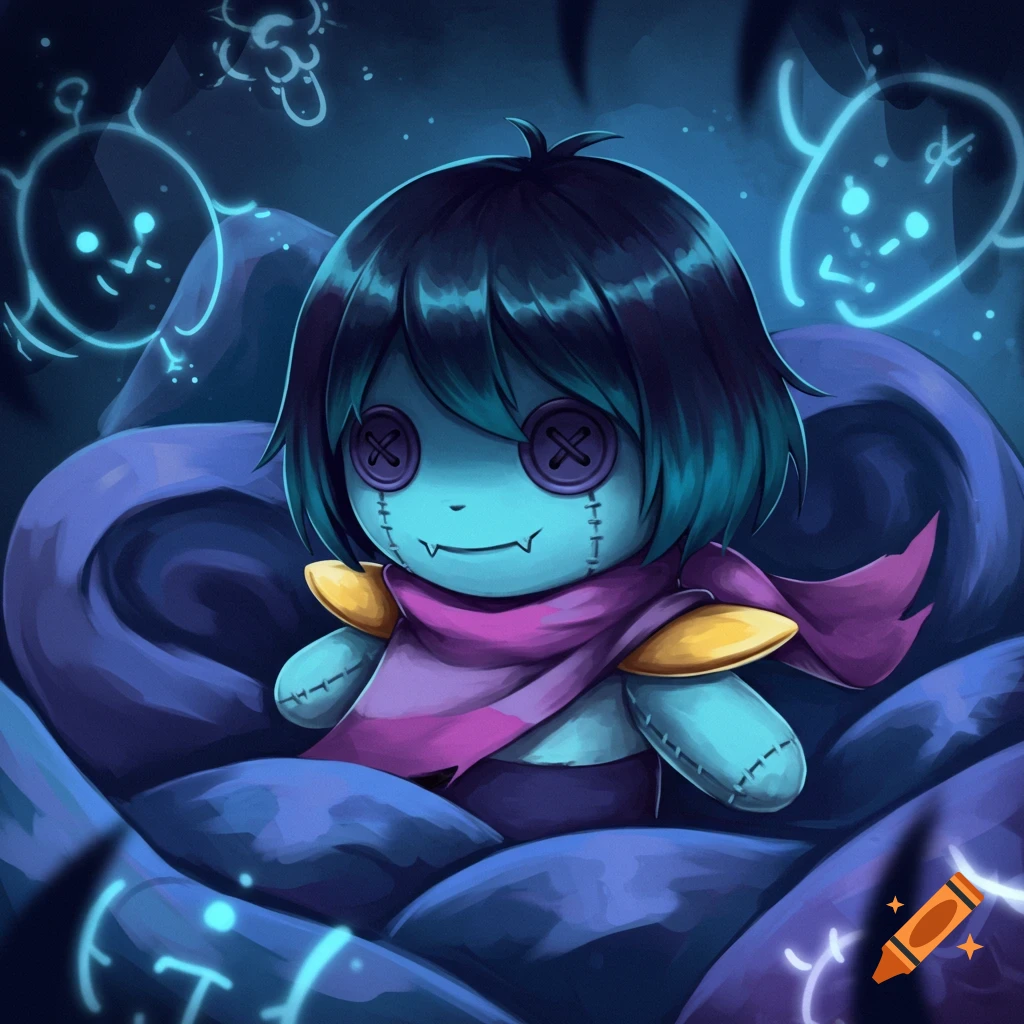A teal plushie with button eyes and stitches, resembling Kris from Deltarune, sits among dark blue folds with glowing blue spirits.
