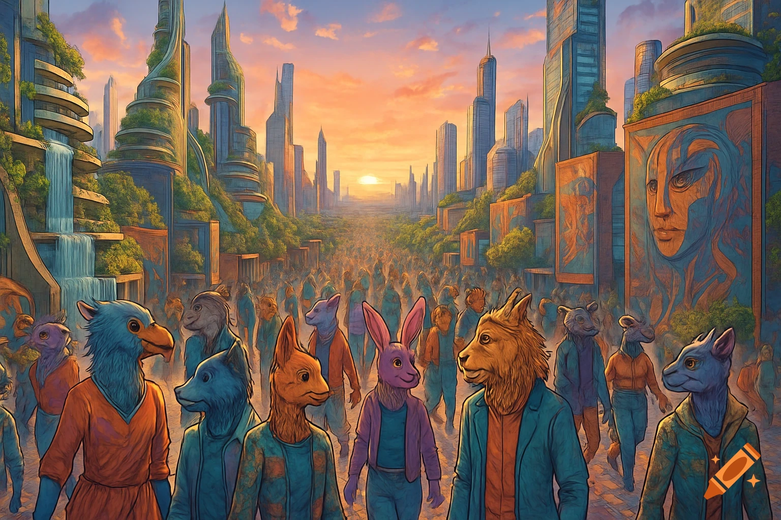 A stylized illustration of a diverse crowd of anthropomorphic animals in a bustling, eco-futuristic city with green buildings and waterfalls at sunset.