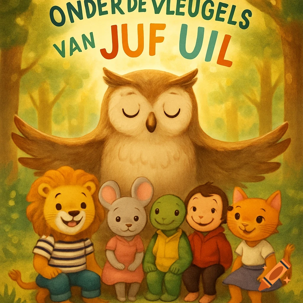A colorful illustration depicts a wise owl with spread wings, sheltering a lion, mouse, turtle, boy, and cat in a sunny forest classroom, with the title "Onder de Vleugels van Juf Uil" above.