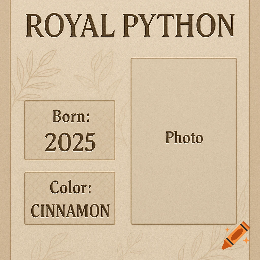 A beige sign for a royal python terrarium, displaying 'ROYAL PYTHON', 'Born: 2025', 'Color: CINNAMON', and a 'Photo' placeholder.
