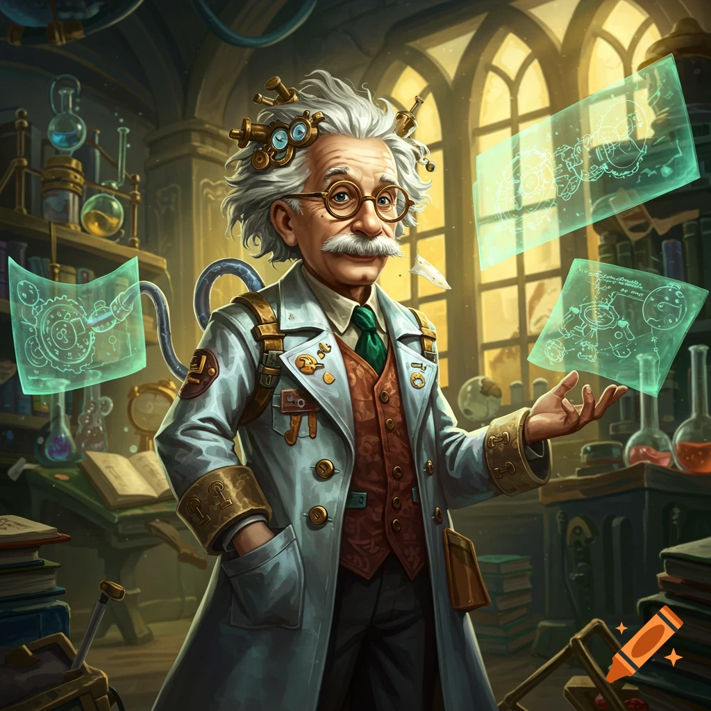 A steampunk-styled scientist, resembling Albert Einstein, stands in a laboratory, surrounded by floating holographic diagrams.