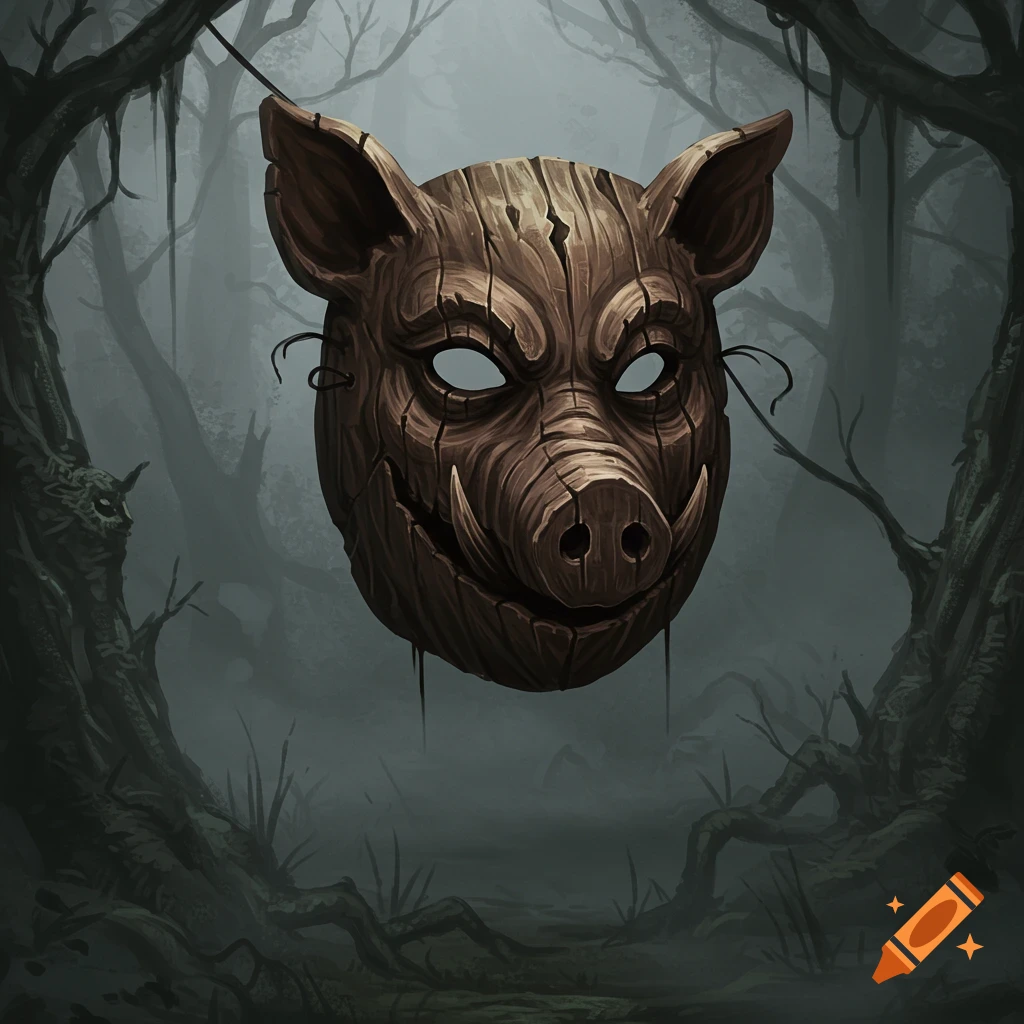 A creepy wooden pig mask with white eyes floats in a dark, misty forest, rendered in a digital illustration style.