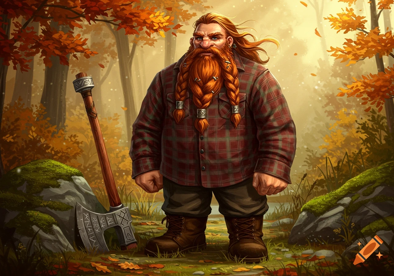 A red-bearded dwarf in a plaid shirt stands in an autumn forest, leaning on an axe.