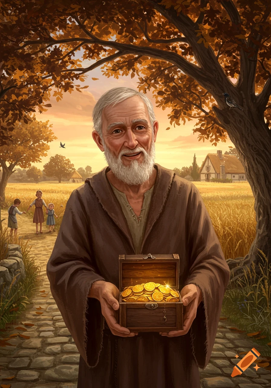 A smiling old man with a white beard holds a treasure chest full of gold coins on a stone path in an autumn rural landscape.
