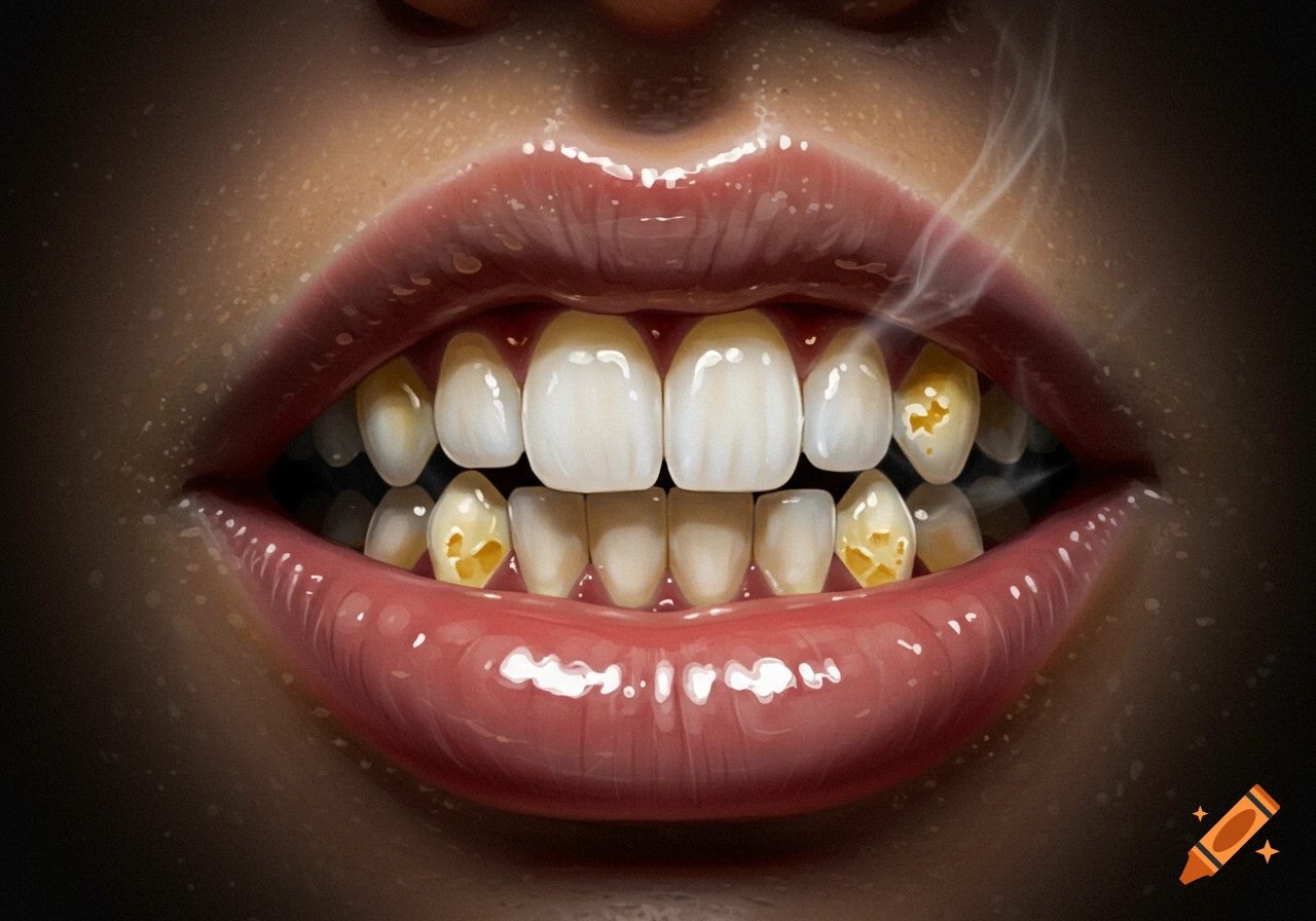 A close-up of a mouth with shiny pink lips, revealing teeth that are a mix of white and yellow popcorn kernels, with smoke rising.