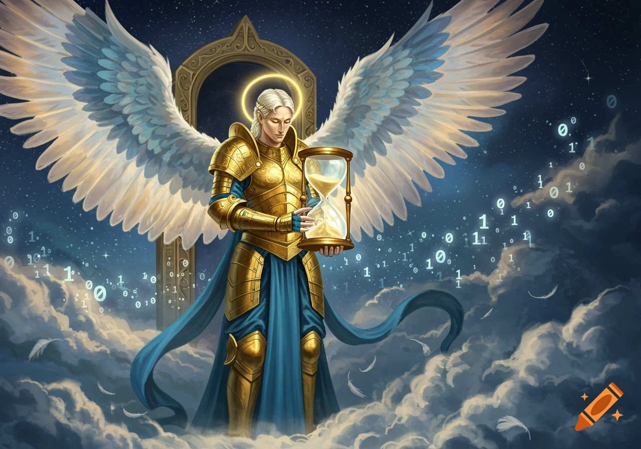 An angelic figure in golden armor holds an hourglass, surrounded by binary code and floating feathers in a starry night sky above clouds.