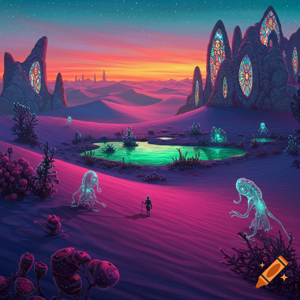 A detailed surreal painting of an alien desert at sunset, with a figure walking towards glowing pools amidst strange creatures and peculiar rock buildings.
