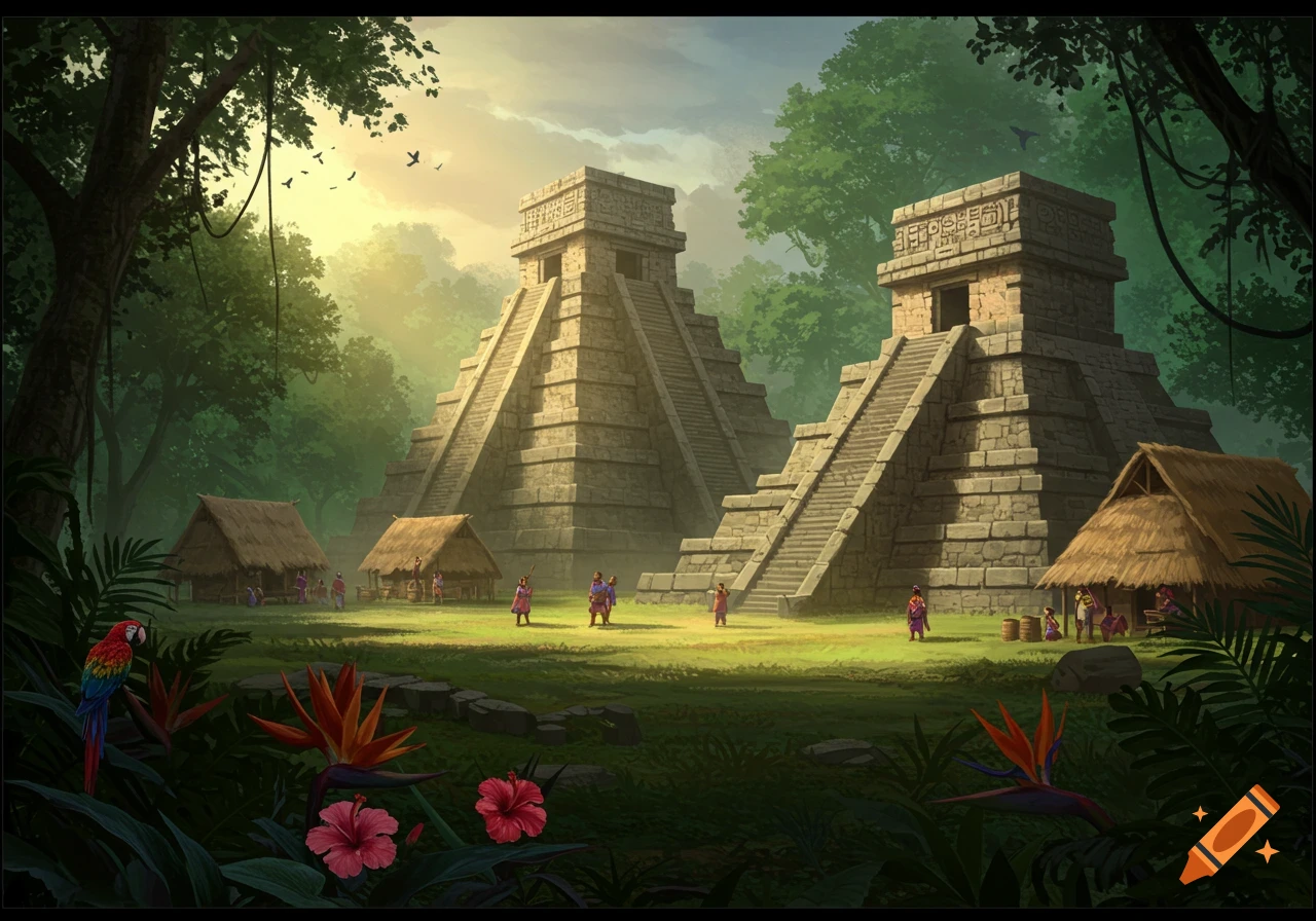 Illustration of an ancient Mayan city with two large pyramids, huts, people, and tropical plants in a lush jungle.