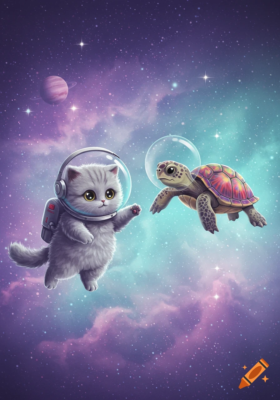 A cute fluffy grey cat in an astronaut helmet and a colorful turtle in a bubble helmet float in a vibrant starry galaxy.
