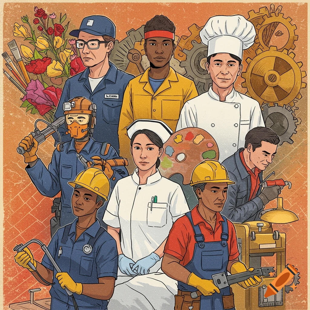 A colorful vintage-style illustration depicts a diverse group of people in various professional uniforms, including a nurse, chef, construction worker, artist, and engineer, surrounded by tools and gears.