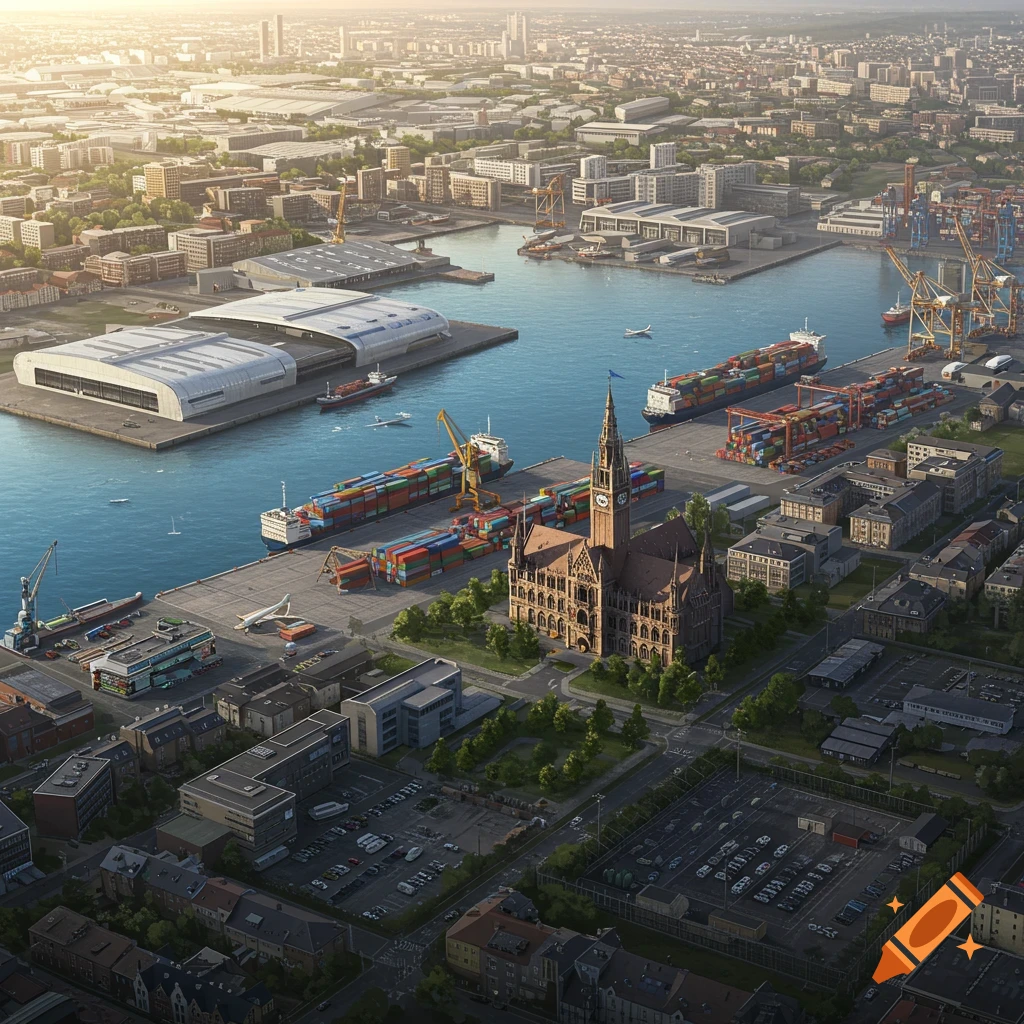 Photorealistic aerial view of a city harbor with cargo ships, warehouses, a prominent church, and other urban buildings.