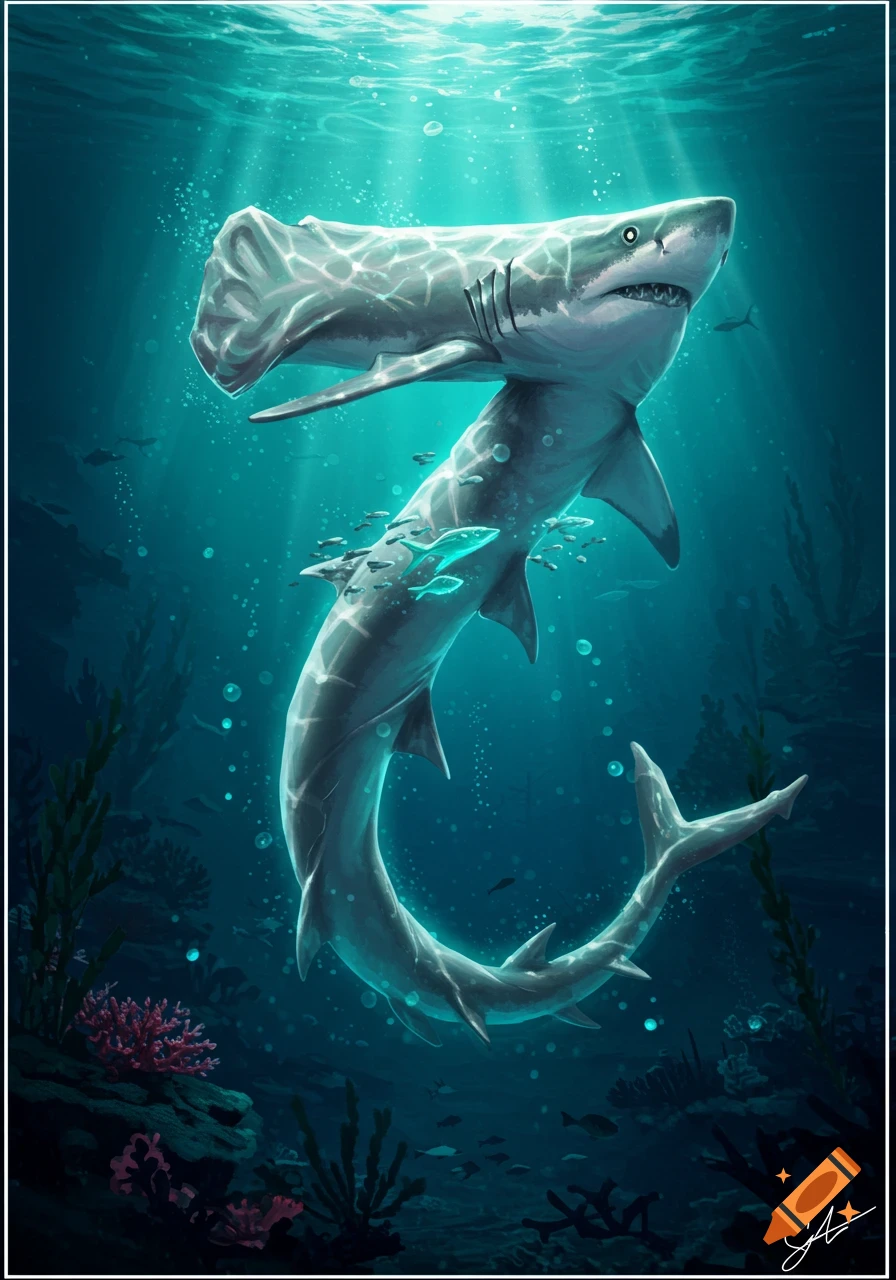 A hammerhead shark shaped like the number seven swims in a vibrant, sunlit underwater scene with coral and small fish, in a digital art style.
