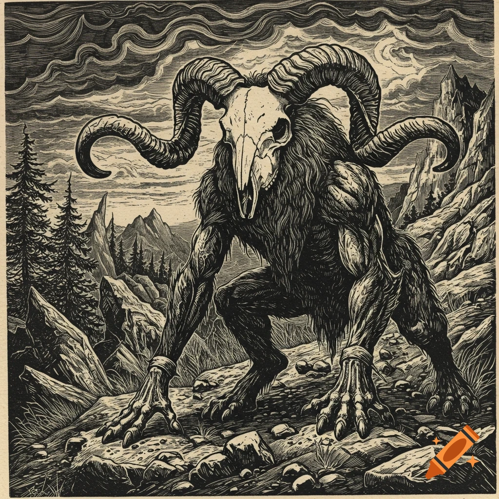 A menacing ram skull-headed monster with a furry body and claws crouches on a rocky mountain path under a cloudy sky, in a woodcut style.