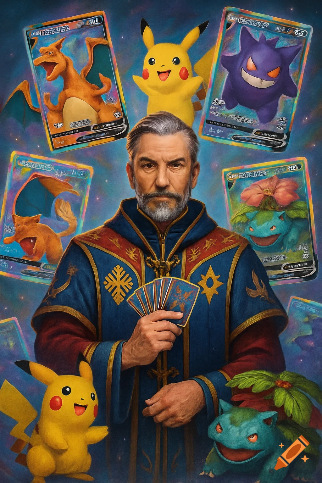 A bearded man in a blue and gold robe holds playing cards, surrounded by colorful Pokemon characters and trading cards.