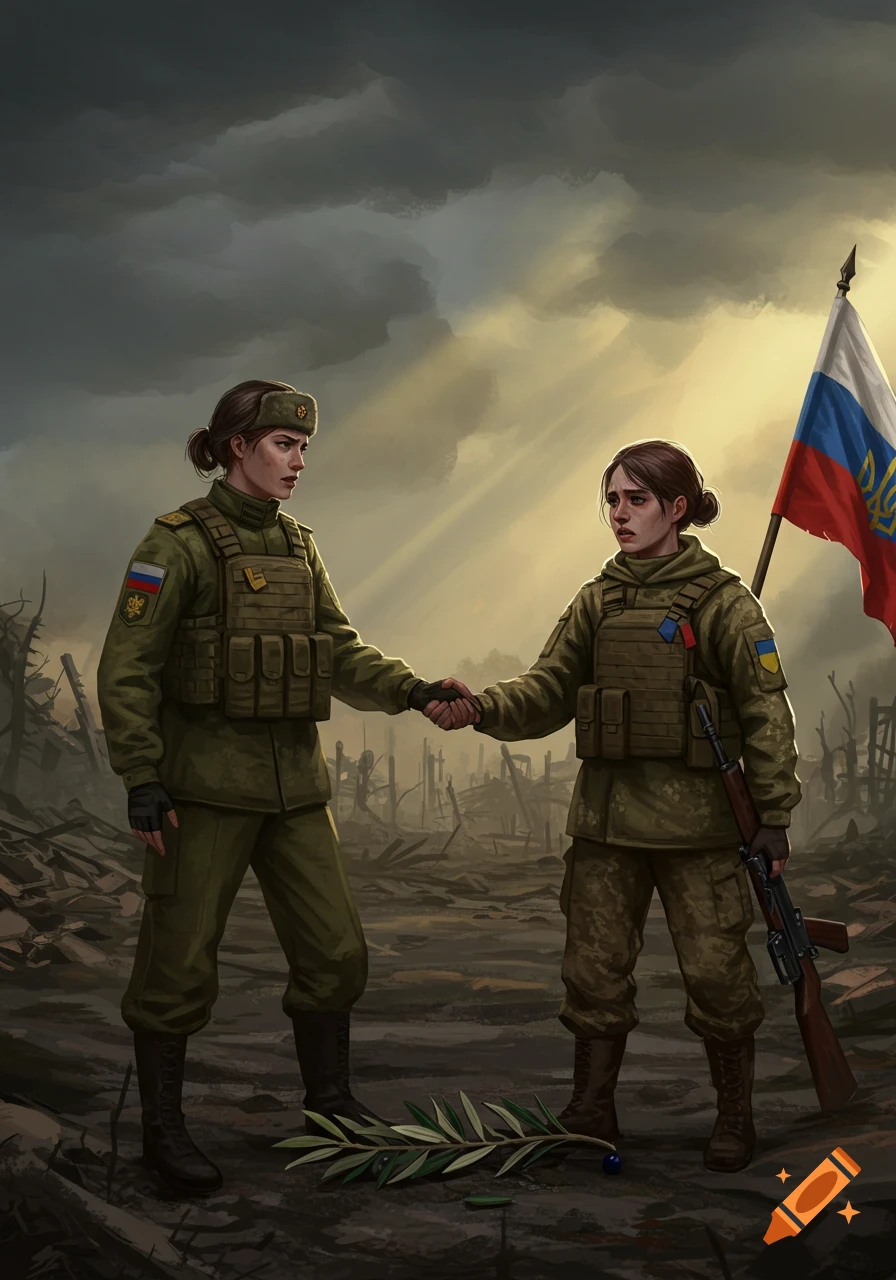 Digital painting of a Russian and Ukrainian female soldier shaking hands in a war-torn landscape, with flags and an olive branch.
