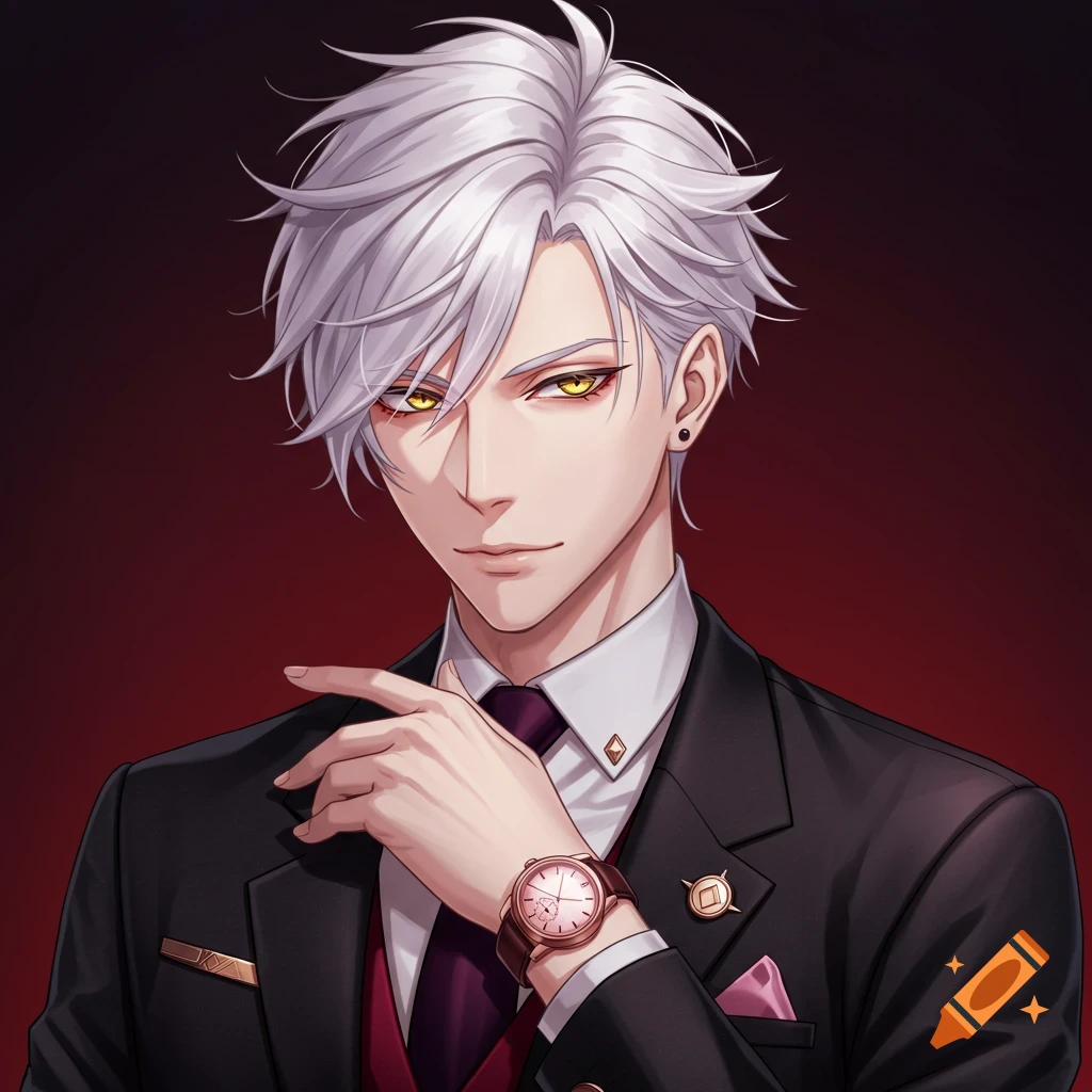 Anime portrait of a white-haired man with gold eyes, wearing a black and red suit and a watch, with a calm, threatening expression.