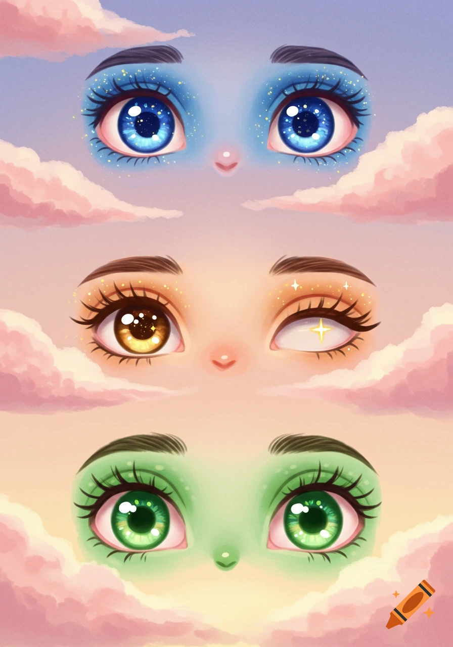 Stylized illustration of three pairs of eyes with different colors and makeup, nestled within pink clouds against a gradient sky.