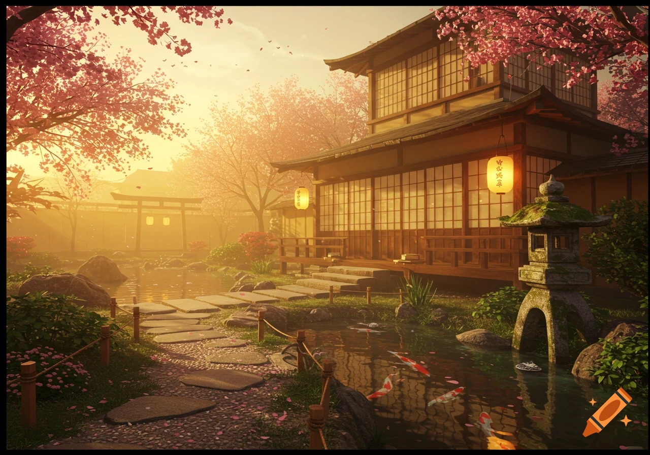 A serene Japanese tea house with a pond, stepping stones, and cherry blossoms under a warm, glowing sky.