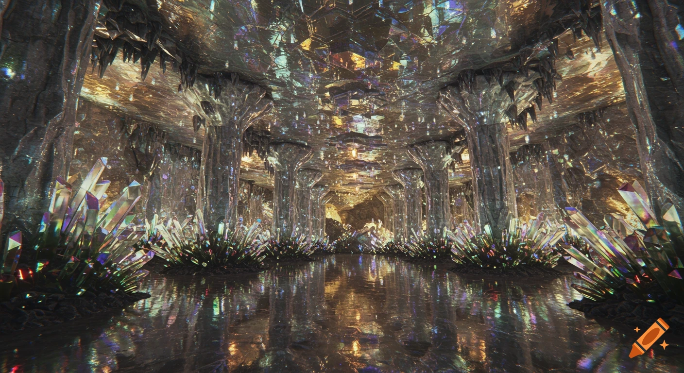 A dazzling, reflective cavern chamber filled with glowing, multicolored crystal formations in a cinematic photo style.