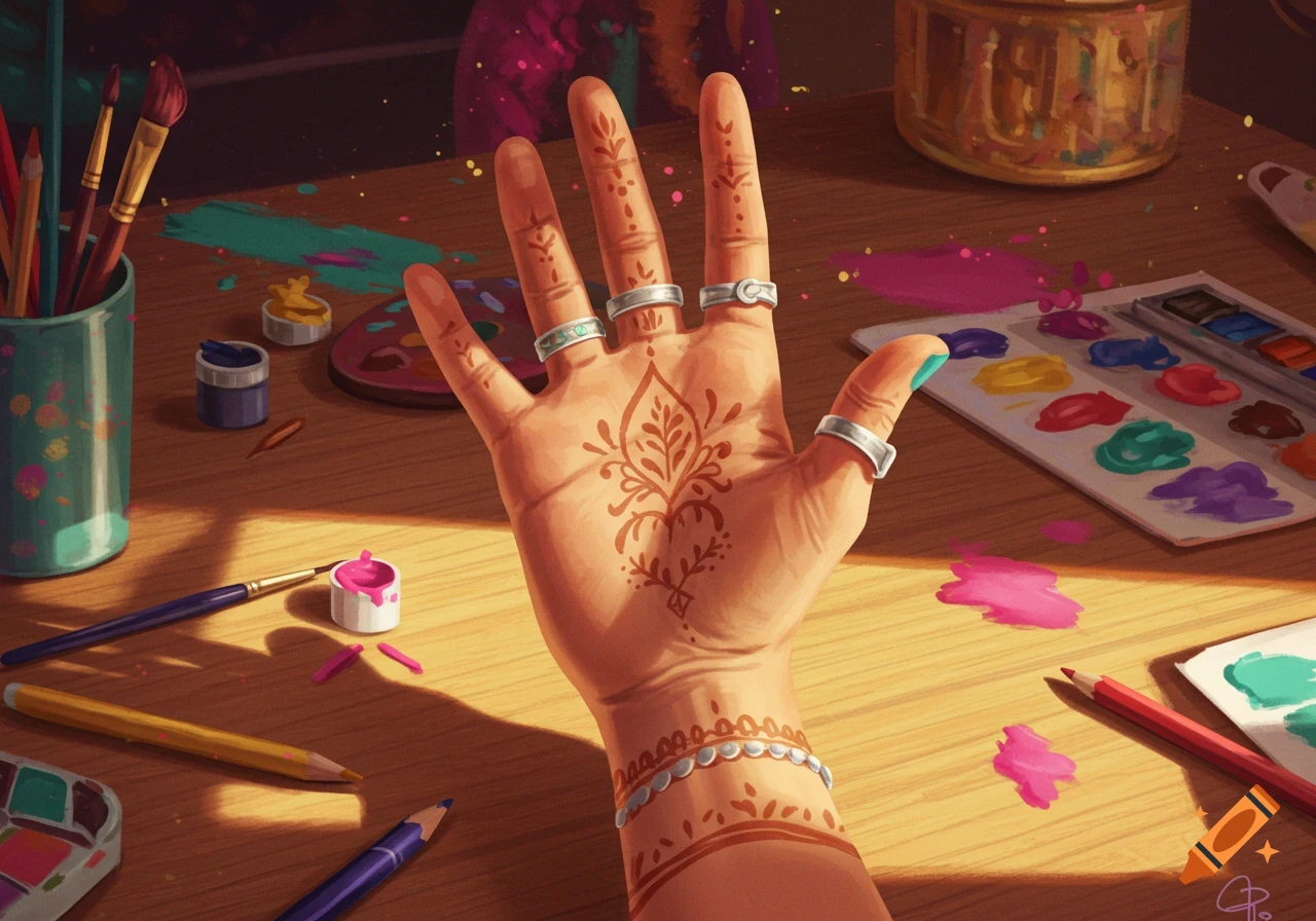 A hand with intricate henna and silver rings lies on a wooden table amidst paint palettes, brushes, and pencils in an artistic style.