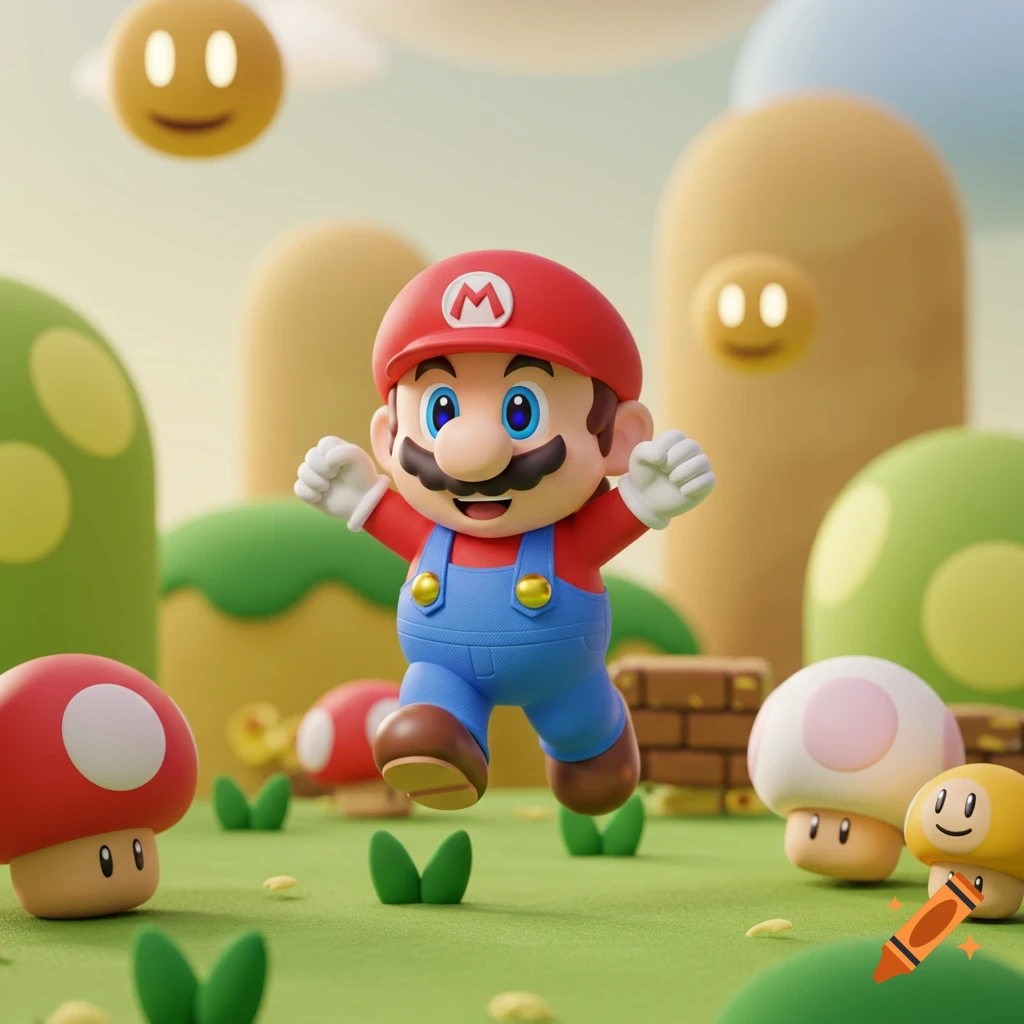 A cute 3D rendered Mario cartoon character runs excitedly in a vibrant green landscape filled with mushrooms and hills.