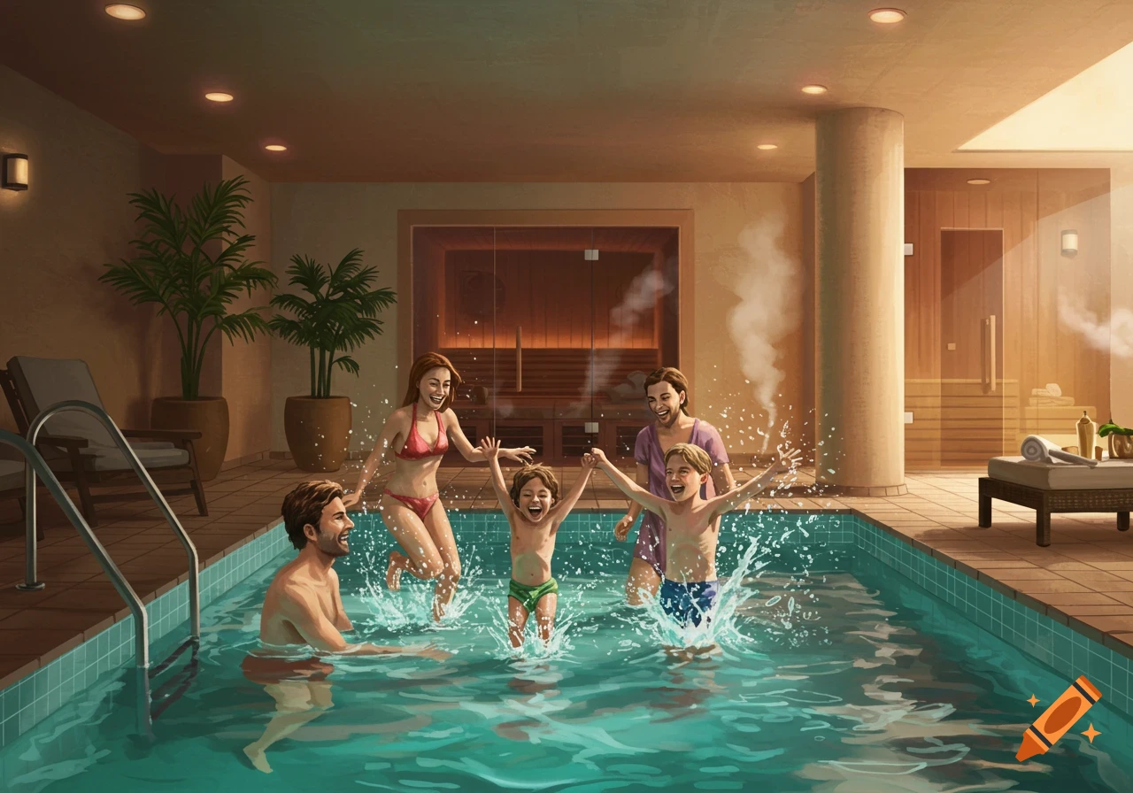 A family with two children joyfully splashing in an indoor pool with a sauna in the background, in a digital painting style.