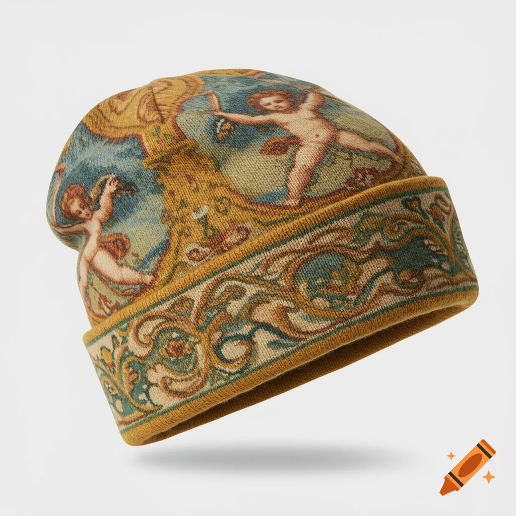 A wool knitted beanie featuring a Renaissance-style painting design with putti and intricate scrollwork patterns.