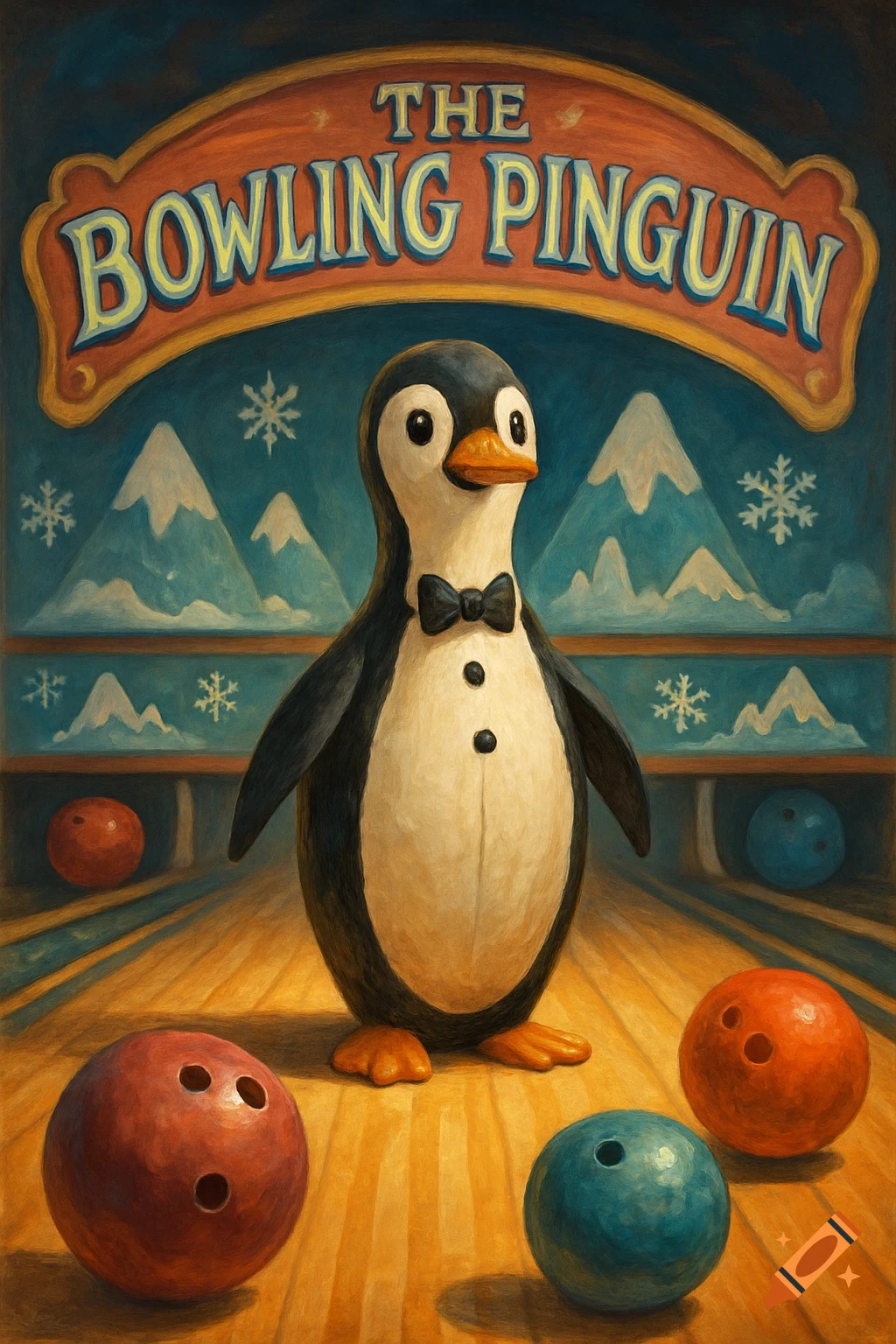 A cartoonish penguin in a bow tie stands on a bowling lane surrounded by bowling balls, under a banner reading "THE BOWLING PINGUIN" in a painterly style.