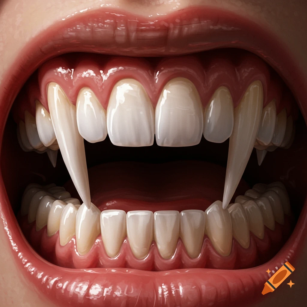 Close-up photorealistic image of an open mouth with red lips and healthy teeth, featuring elongated vampire canines.