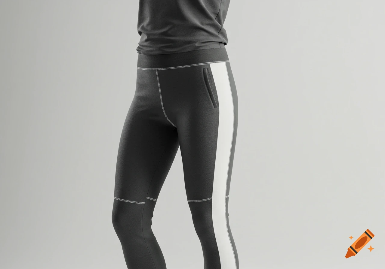 Close-up of a person wearing dark grey athletic leggings with a white side stripe and detailed stitching, paired with a dark grey t-shirt.