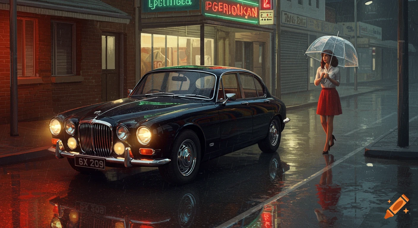 Photorealistic image of a woman with an umbrella walking past a shiny black vintage car on a wet, rainy city street at dusk.